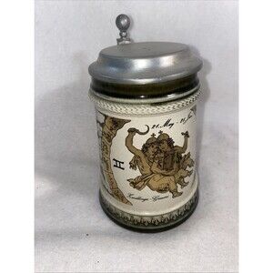 Vintage Gerzit Gerz Beer Stein Mug Lid W Germany Zodiac Cherub Gold Ceramic